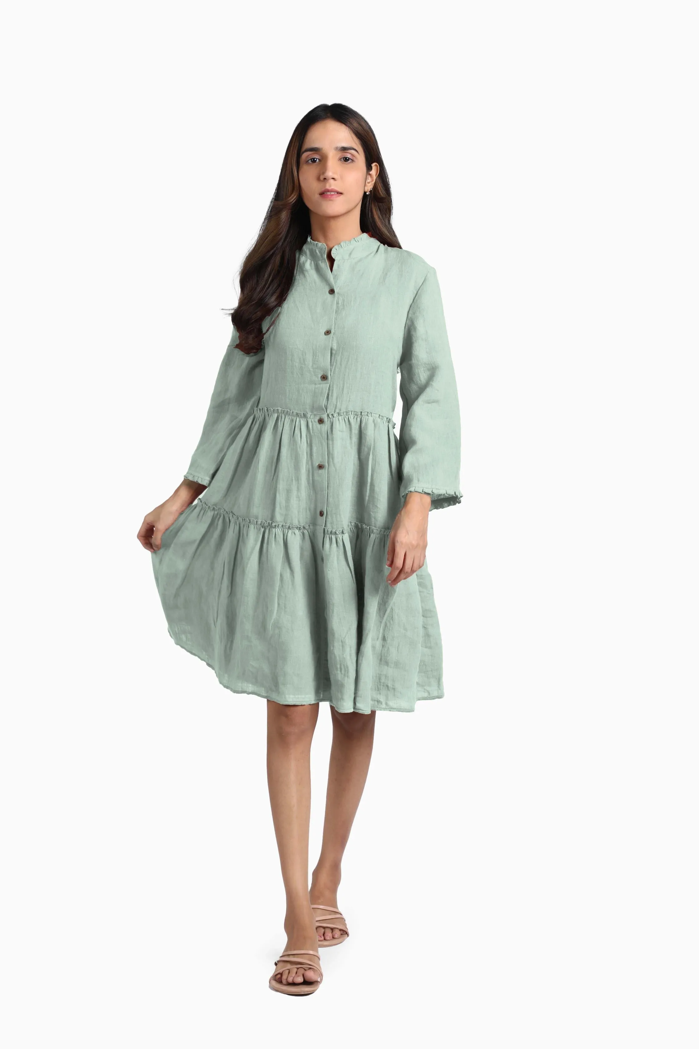 Linen Scarlet Midi Dress-Midnight Green