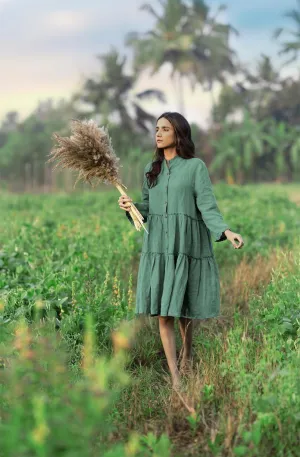 Linen Scarlet Midi Dress-Midnight Green