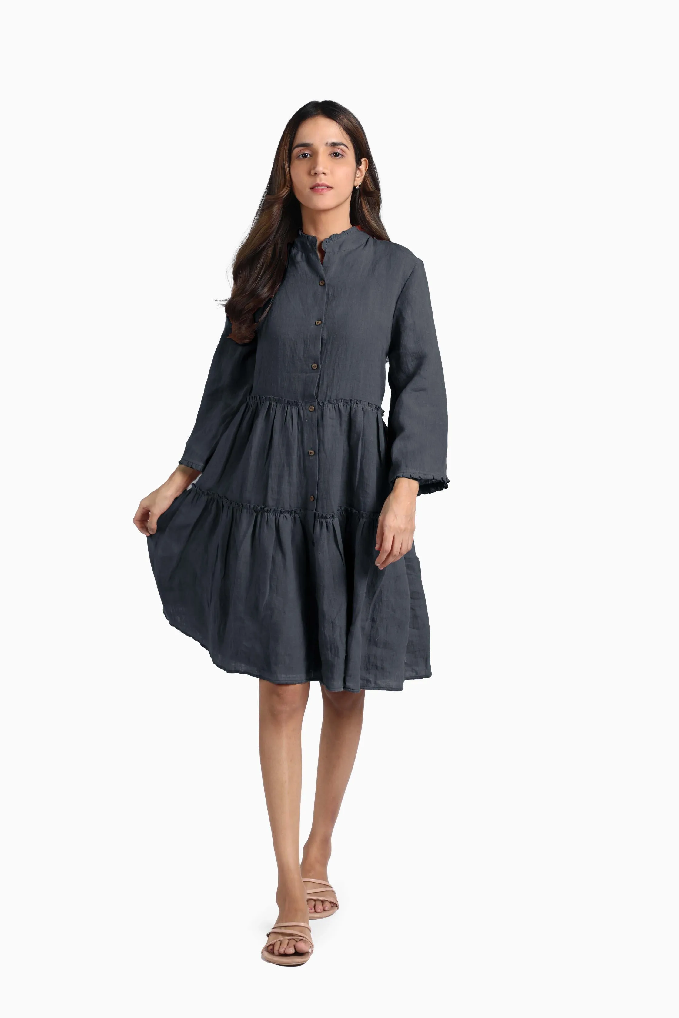 Linen Scarlet Midi Dress-Midnight Green