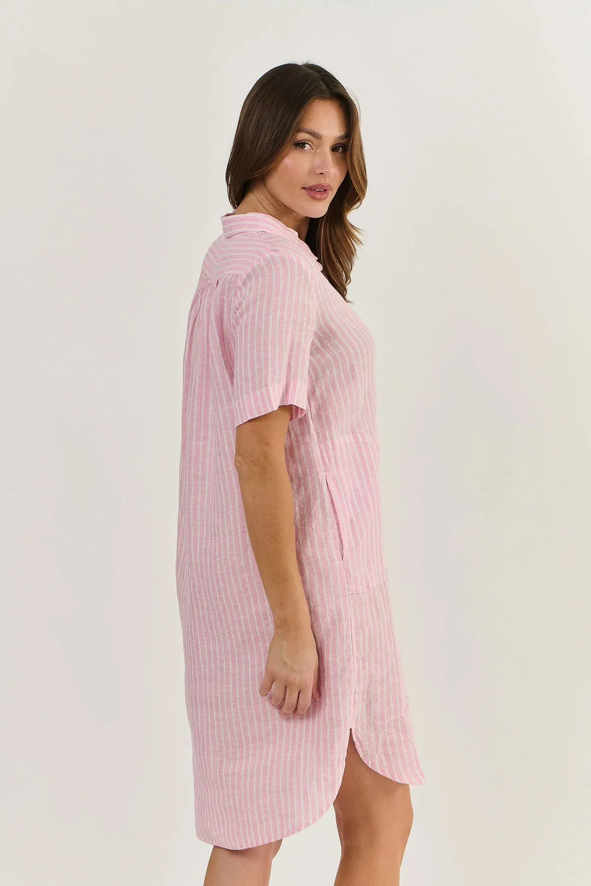 Linen Shirtdress - Pink Stripe