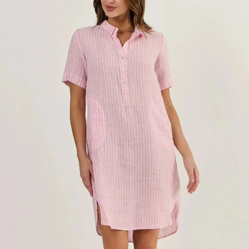 Linen Shirtdress - Pink Stripe