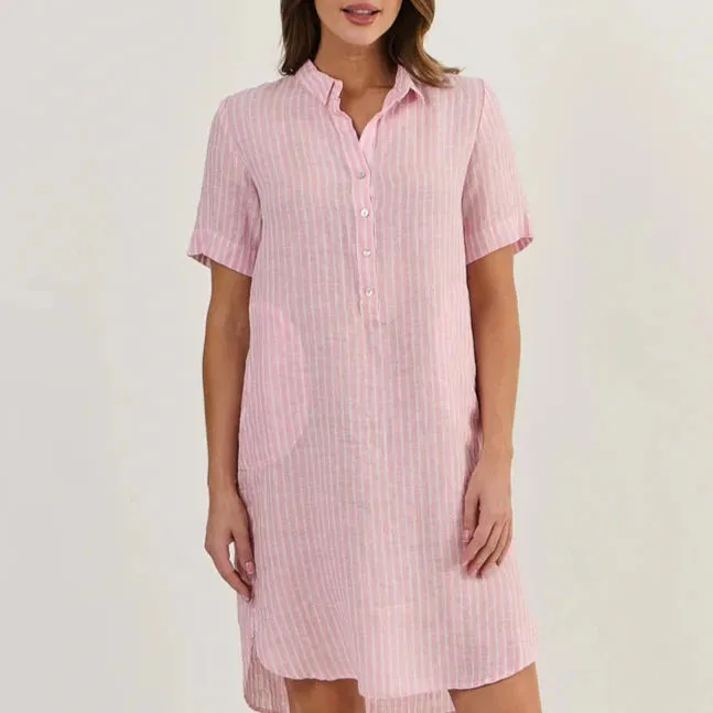 Linen Shirtdress - Pink Stripe
