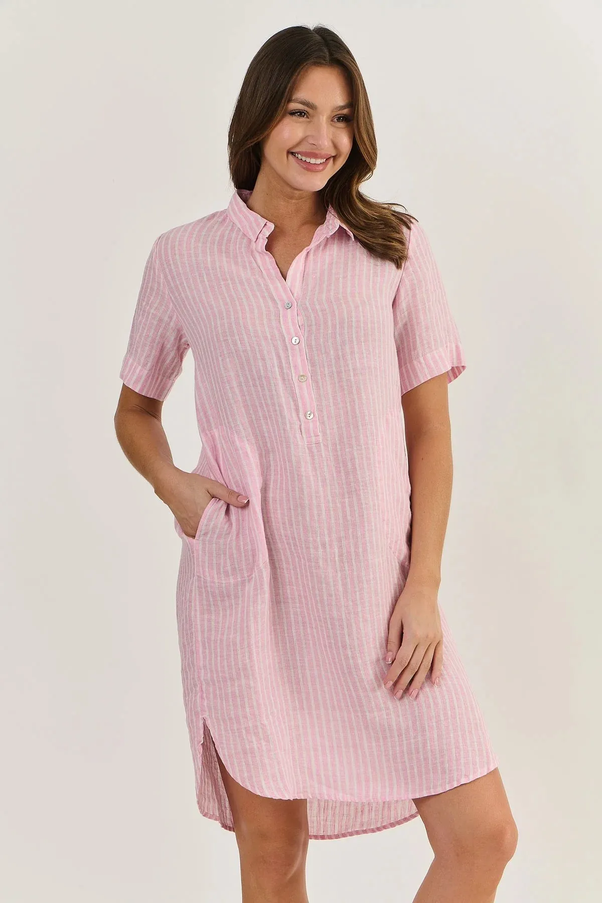 Linen Shirtdress - Pink Stripe