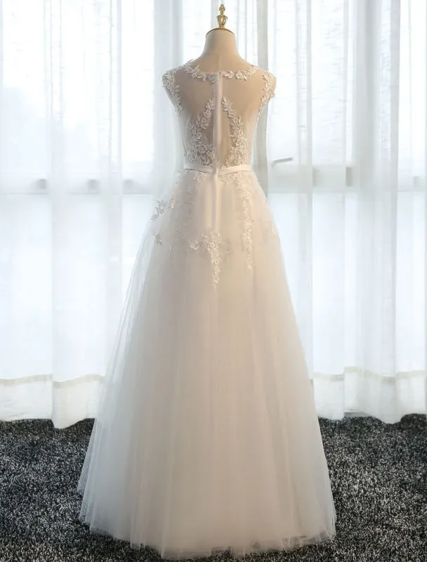 Long Prom Dresses Lace Cameo Pink Party Dress A Line Applique Tulle Maxi Formal Dress