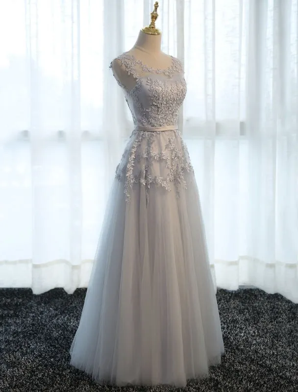 Long Prom Dresses Lace Cameo Pink Party Dress A Line Applique Tulle Maxi Formal Dress