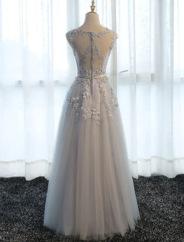Long Prom Dresses Lace Cameo Pink Party Dress A Line Applique Tulle Maxi Formal Dress