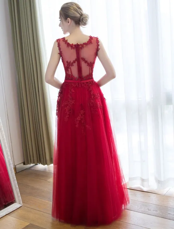 Long Prom Dresses Lace Cameo Pink Party Dress A Line Applique Tulle Maxi Formal Dress