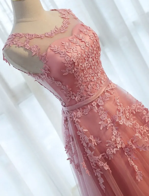 Long Prom Dresses Lace Cameo Pink Party Dress A Line Applique Tulle Maxi Formal Dress