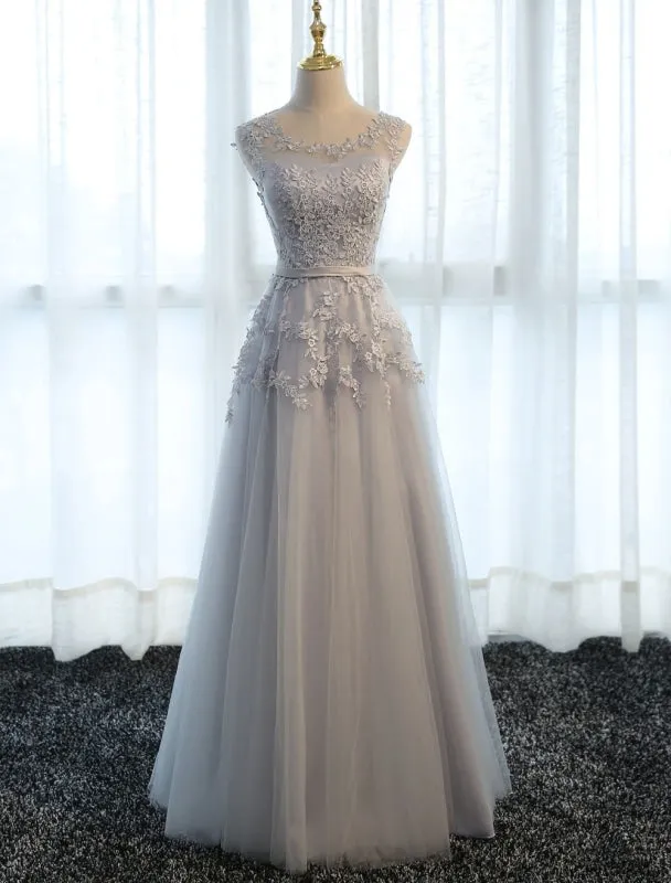 Long Prom Dresses Lace Cameo Pink Party Dress A Line Applique Tulle Maxi Formal Dress
