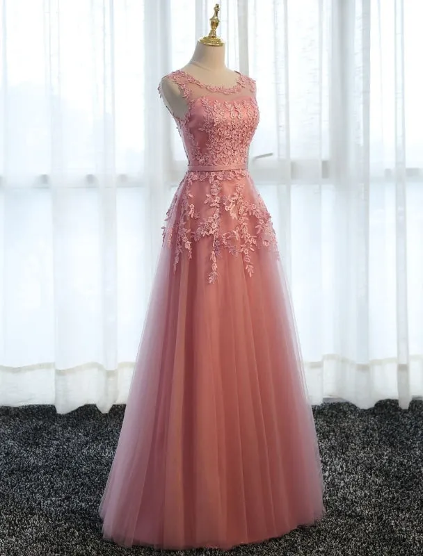 Long Prom Dresses Lace Cameo Pink Party Dress A Line Applique Tulle Maxi Formal Dress