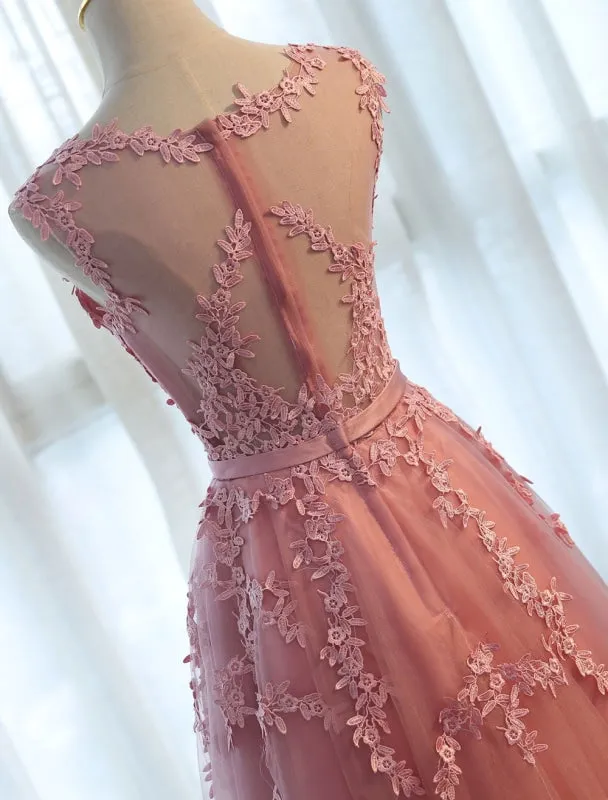 Long Prom Dresses Lace Cameo Pink Party Dress A Line Applique Tulle Maxi Formal Dress