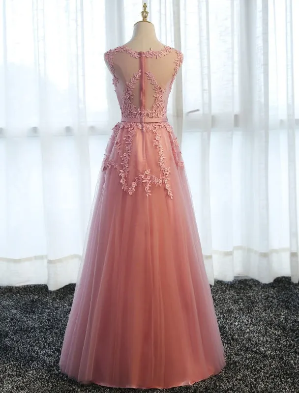 Long Prom Dresses Lace Cameo Pink Party Dress A Line Applique Tulle Maxi Formal Dress