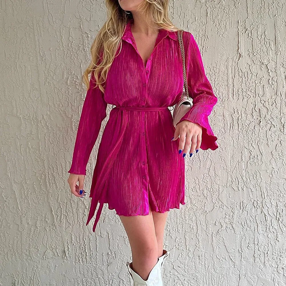 Long Sleeved Collared V-Neck Mini Dress