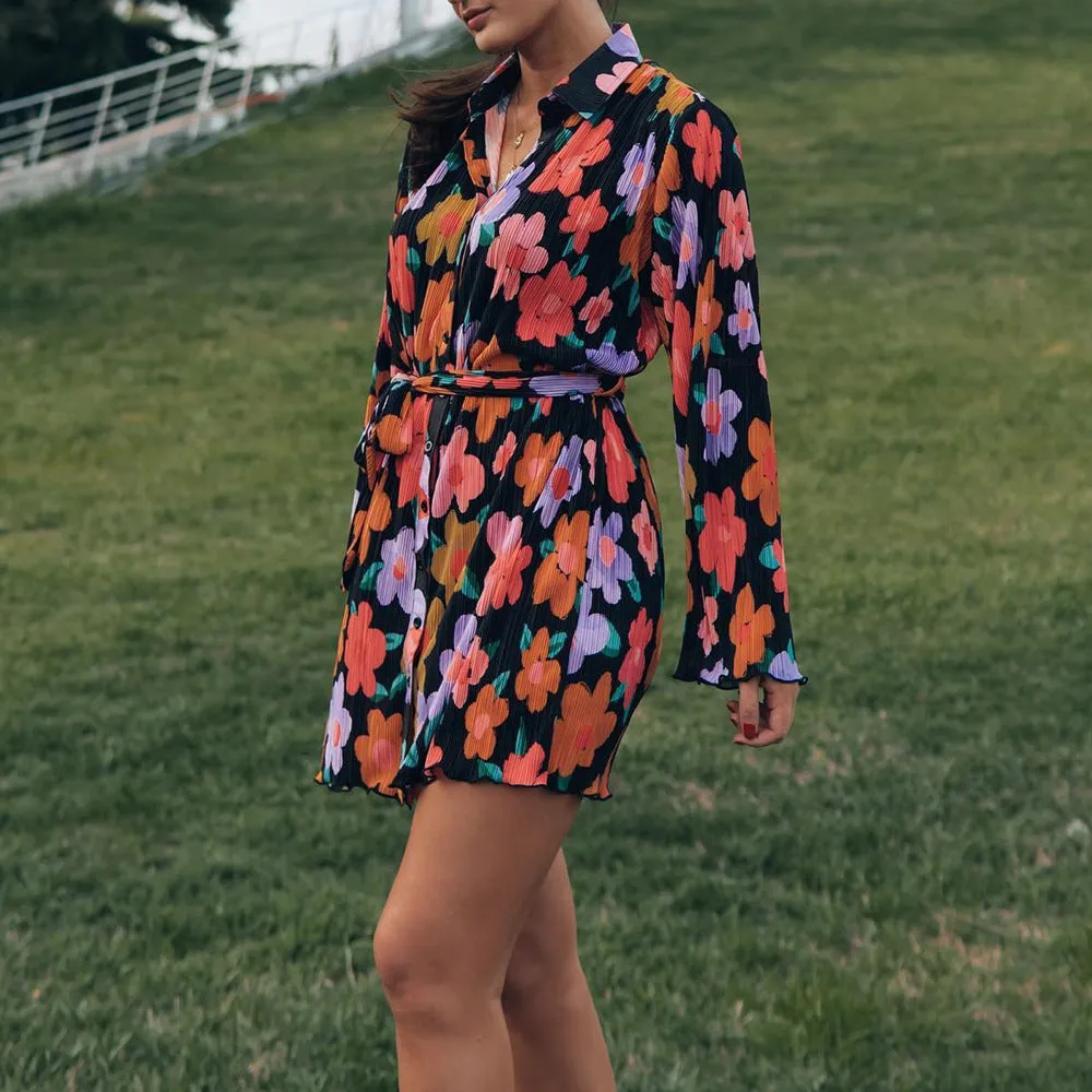 Long Sleeved Collared V-Neck Mini Dress
