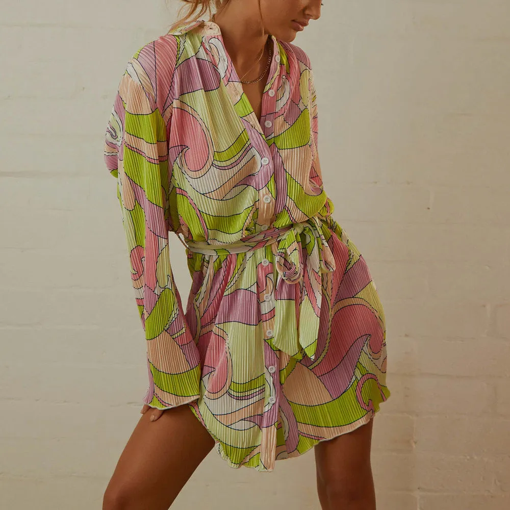 Long Sleeved Collared V-Neck Mini Dress