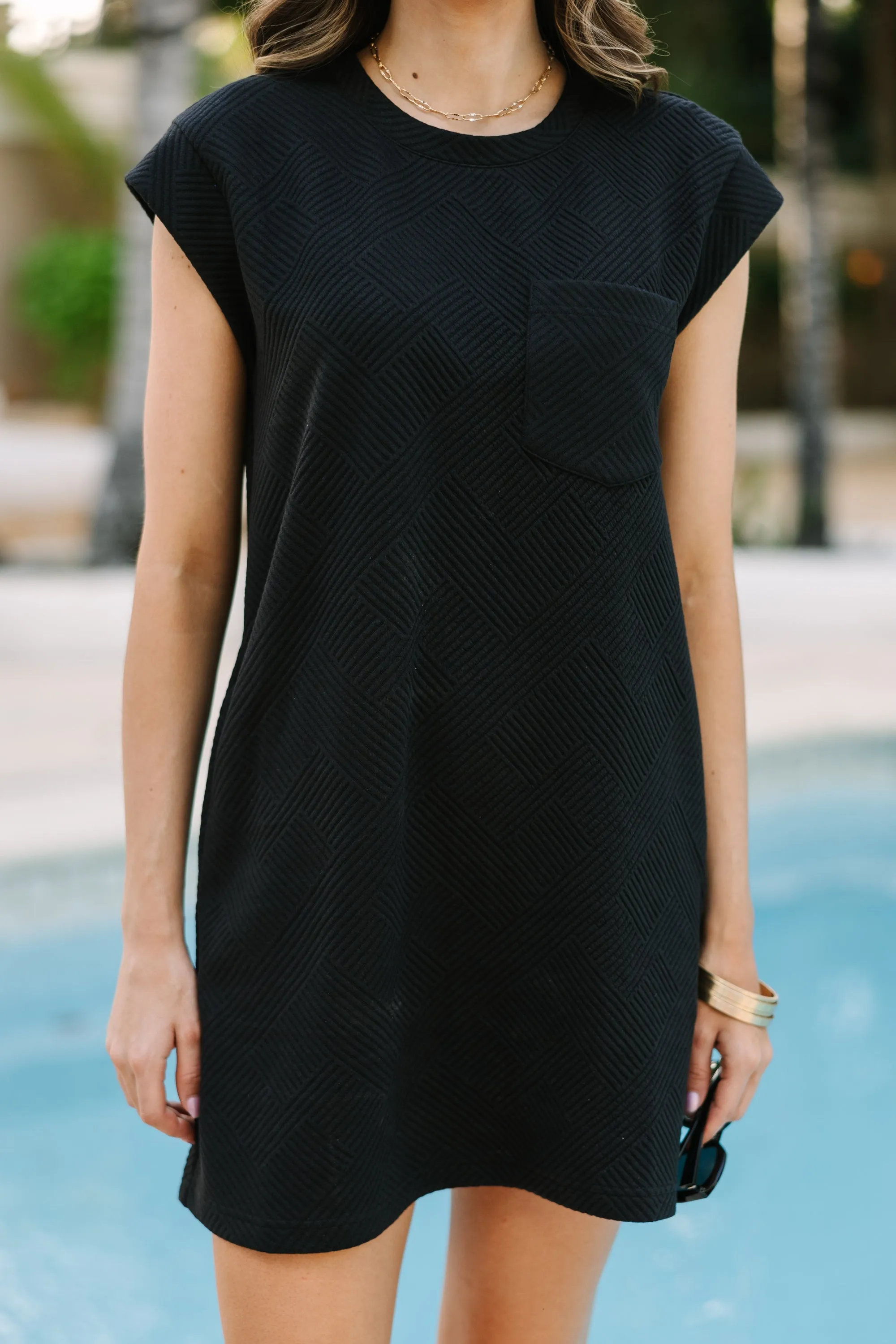Make Your Day Black Textured T-shrit Dress
