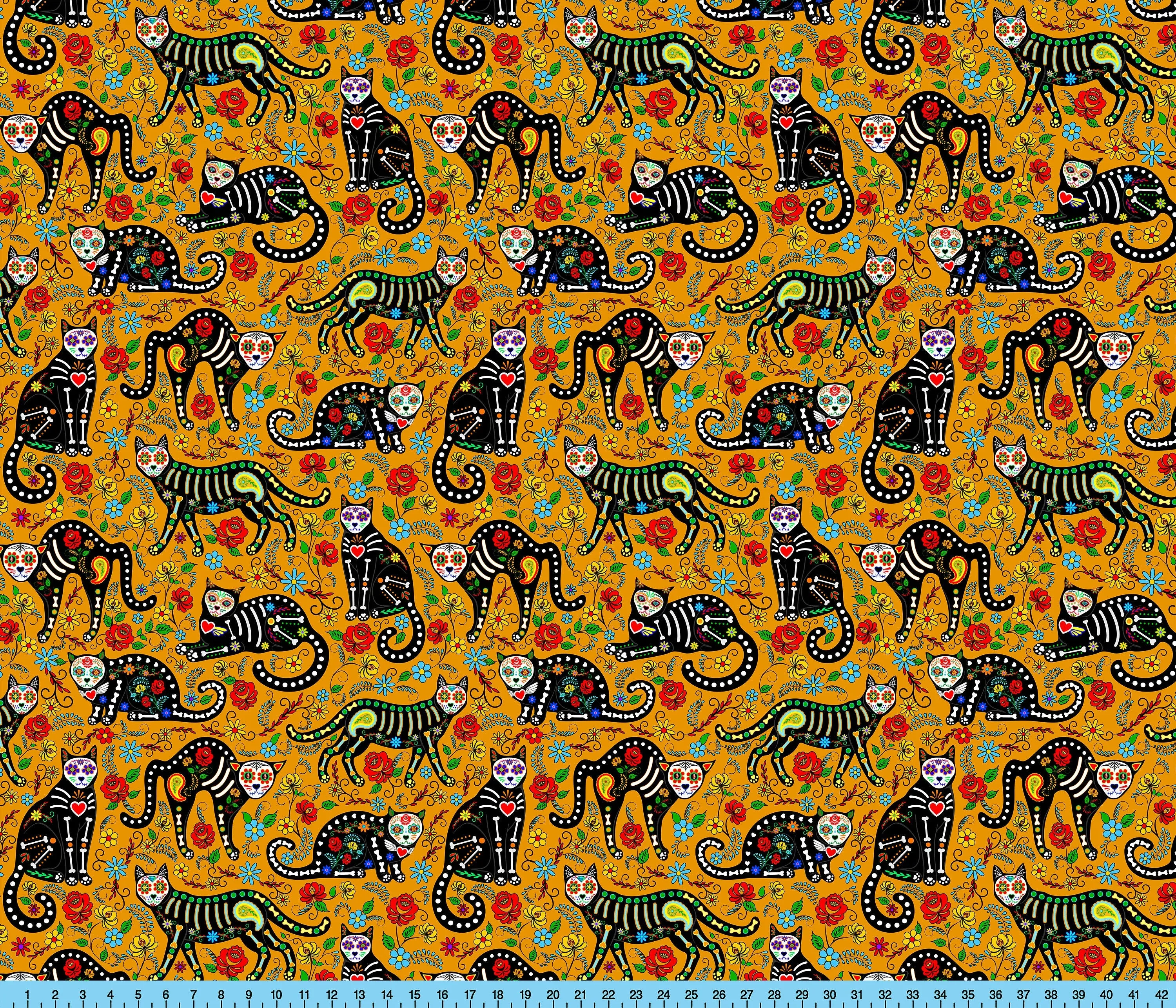 Mexican Cats Fabric Pattern, Calavera Cats Print, Day of the Dead Fabric By The Yard