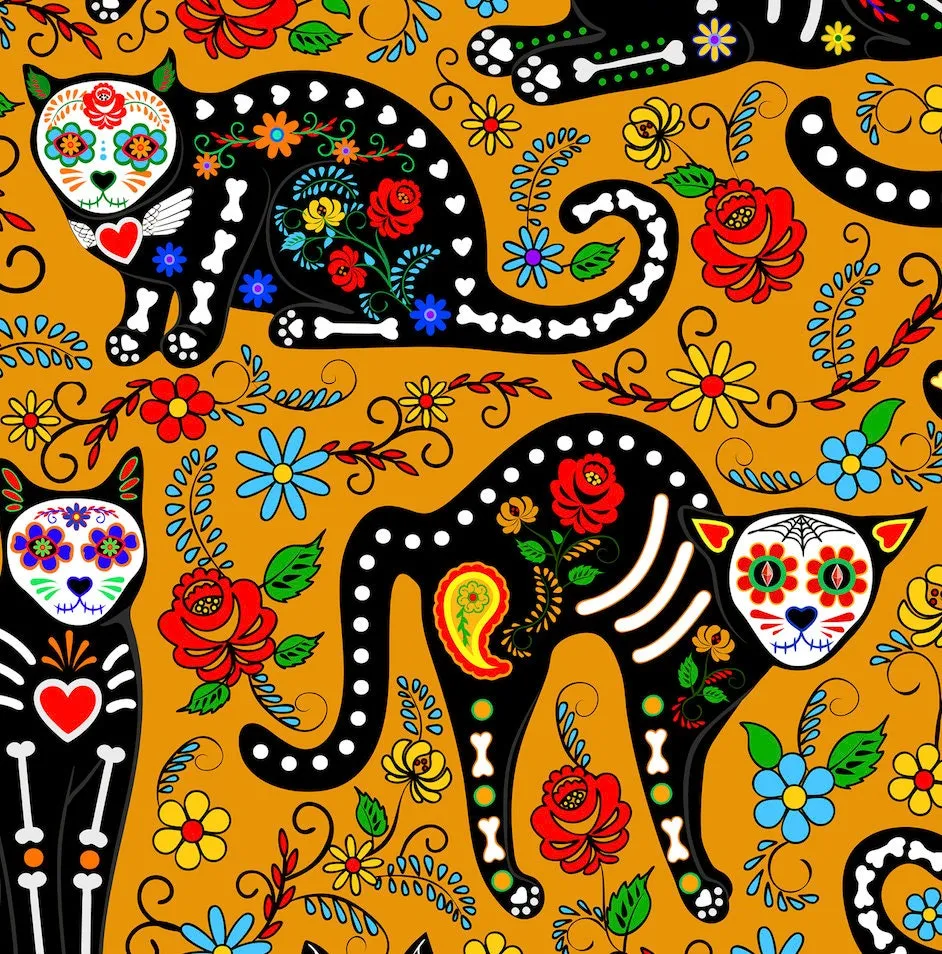 Mexican Cats Fabric Pattern, Calavera Cats Print, Day of the Dead Fabric By The Yard