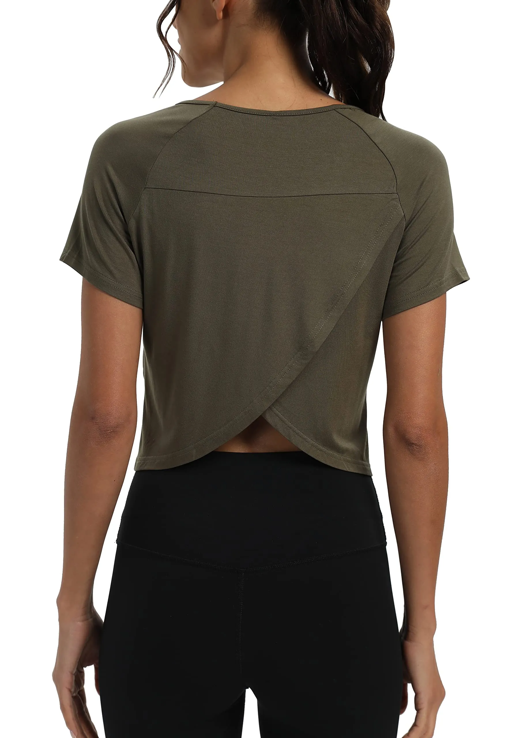 Mippo Short Sleeve Workout Tops Athletic Shirts Gym Clothes Exercise Tees Sports Running Active Wear Cute Work Out Crop Top Tshirts for Women Loose Fit Army Green