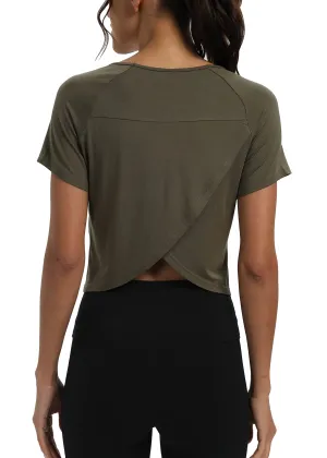 Mippo Short Sleeve Workout Tops Athletic Shirts Gym Clothes Exercise Tees Sports Running Active Wear Cute Work Out Crop Top Tshirts for Women Loose Fit Army Green