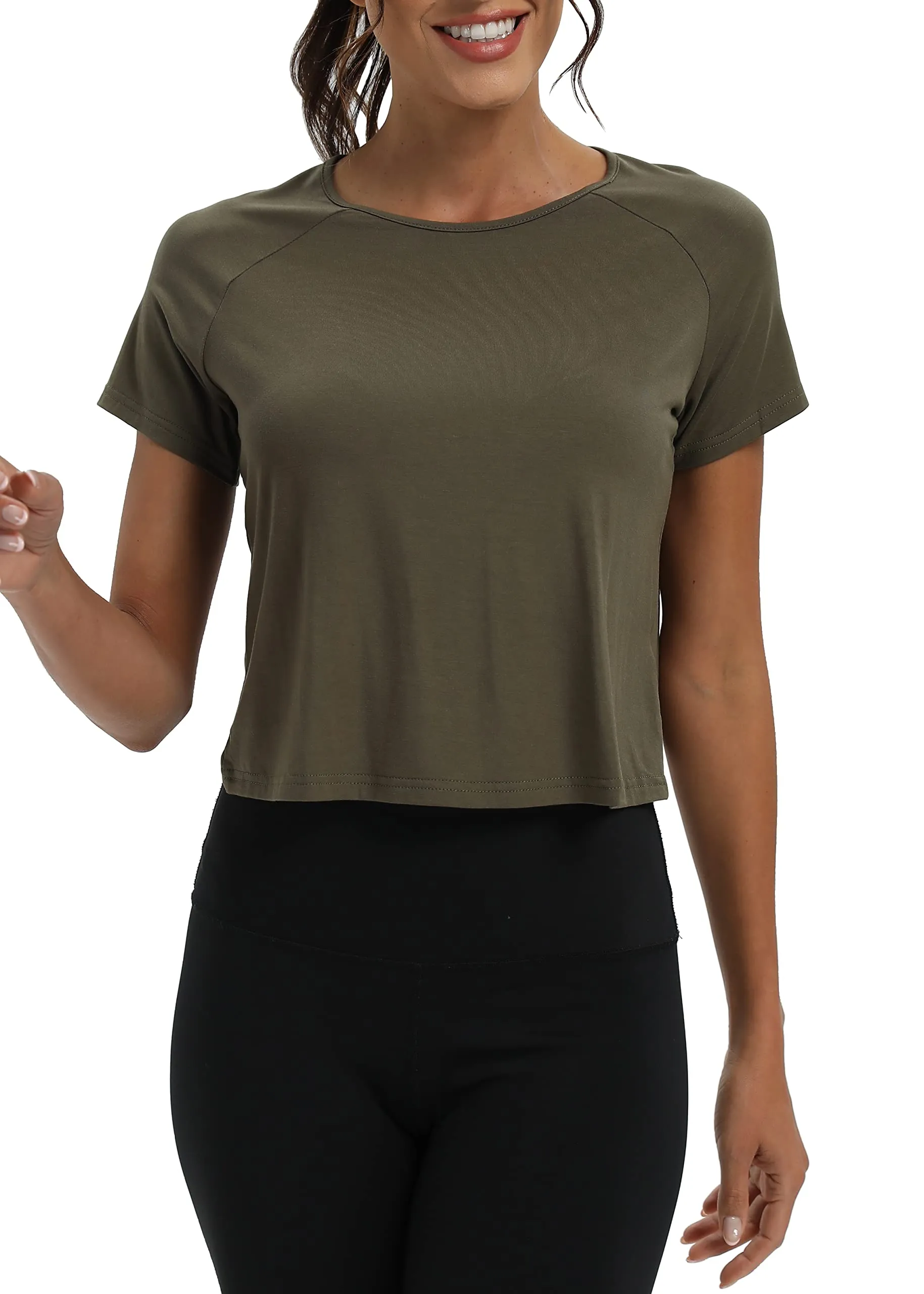 Mippo Short Sleeve Workout Tops Athletic Shirts Gym Clothes Exercise Tees Sports Running Active Wear Cute Work Out Crop Top Tshirts for Women Loose Fit Army Green