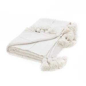 Moroccan Pom Pom Blanket - White & Silver