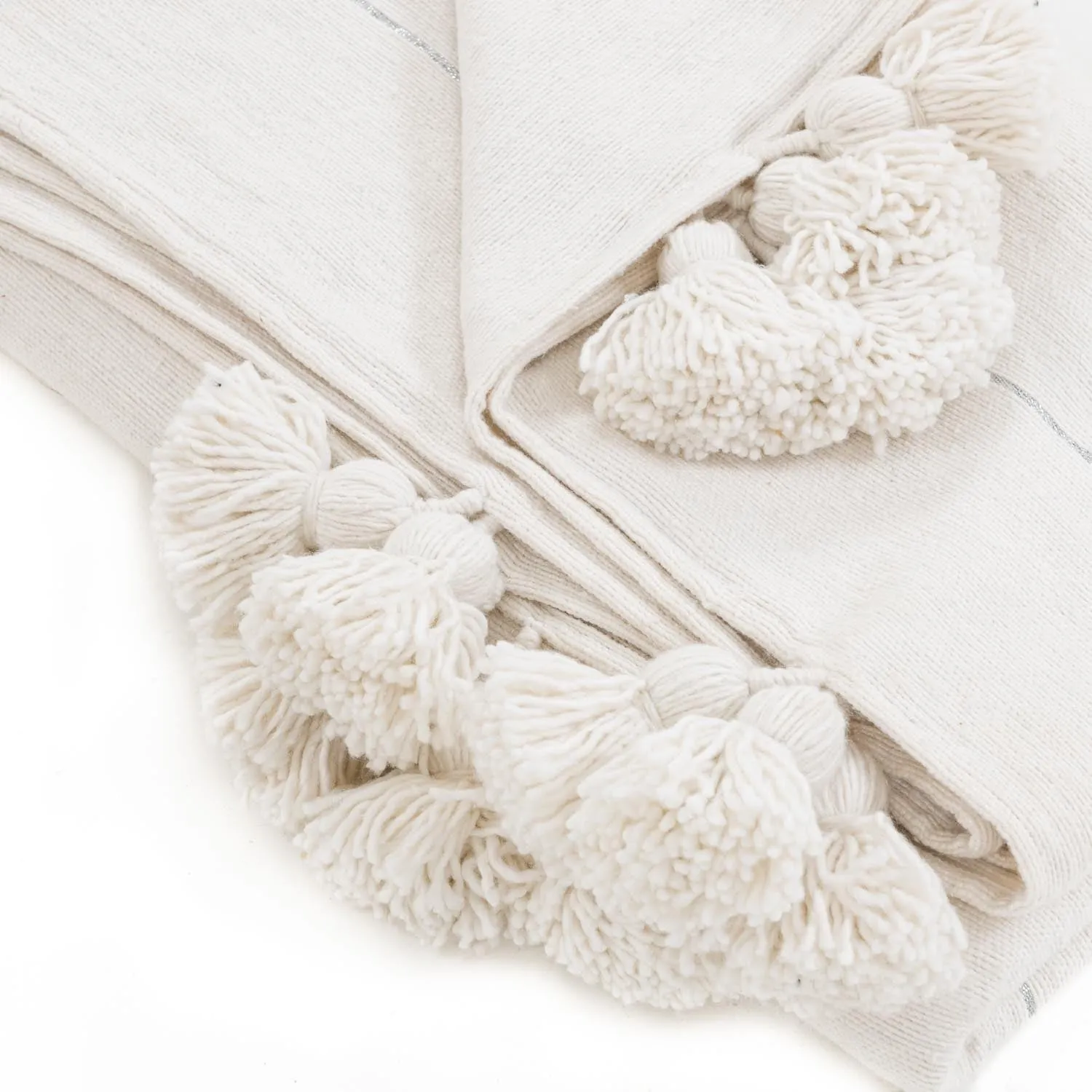 Moroccan Pom Pom Blanket - White & Silver