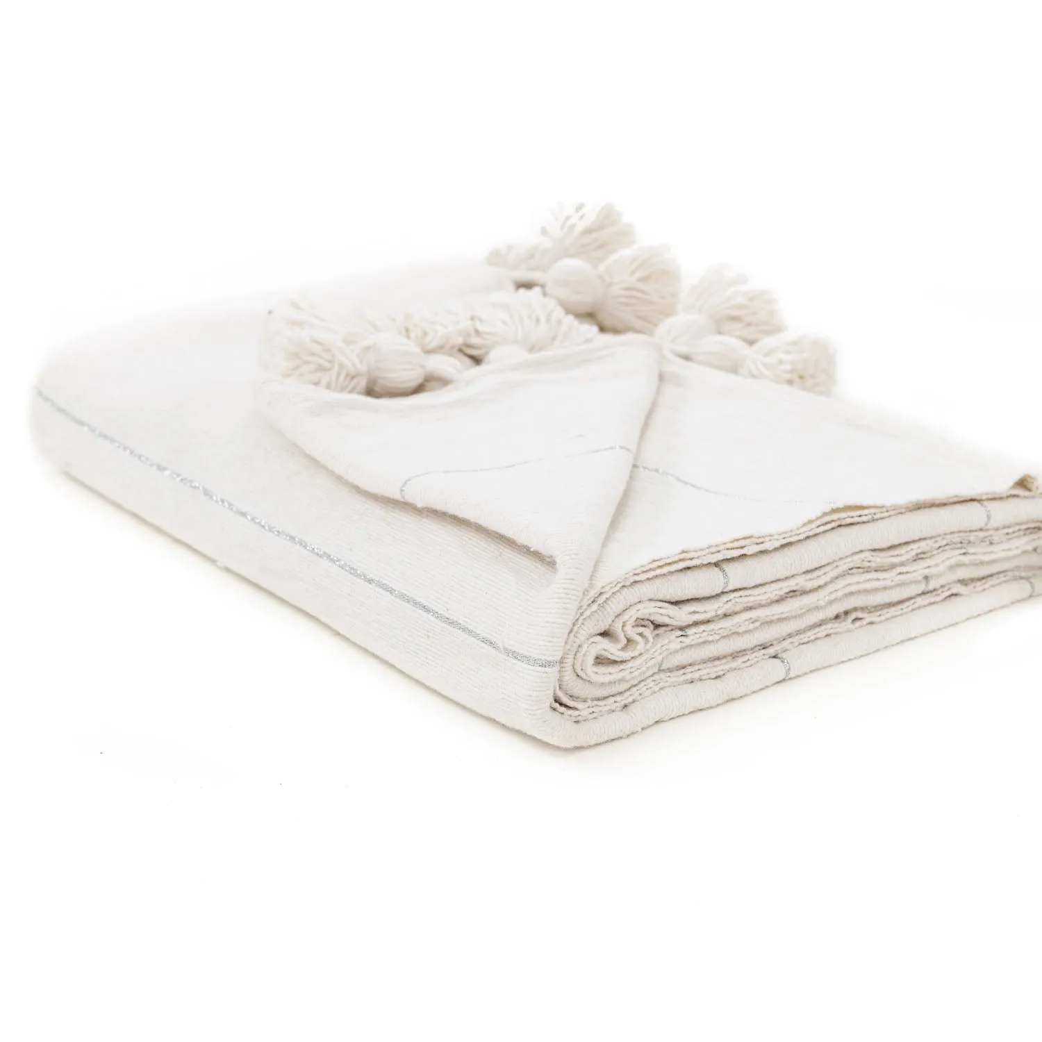 Moroccan Pom Pom Blanket - White & Silver