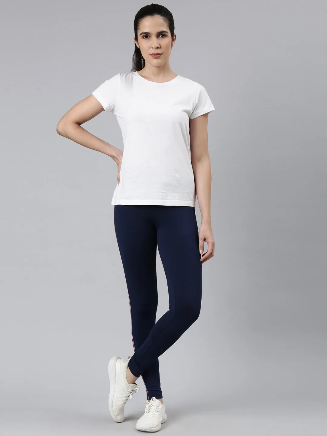 Navy Cotton Stretch Side Stripes Active Leggings
