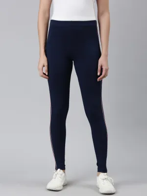 Navy Cotton Stretch Side Stripes Active Leggings