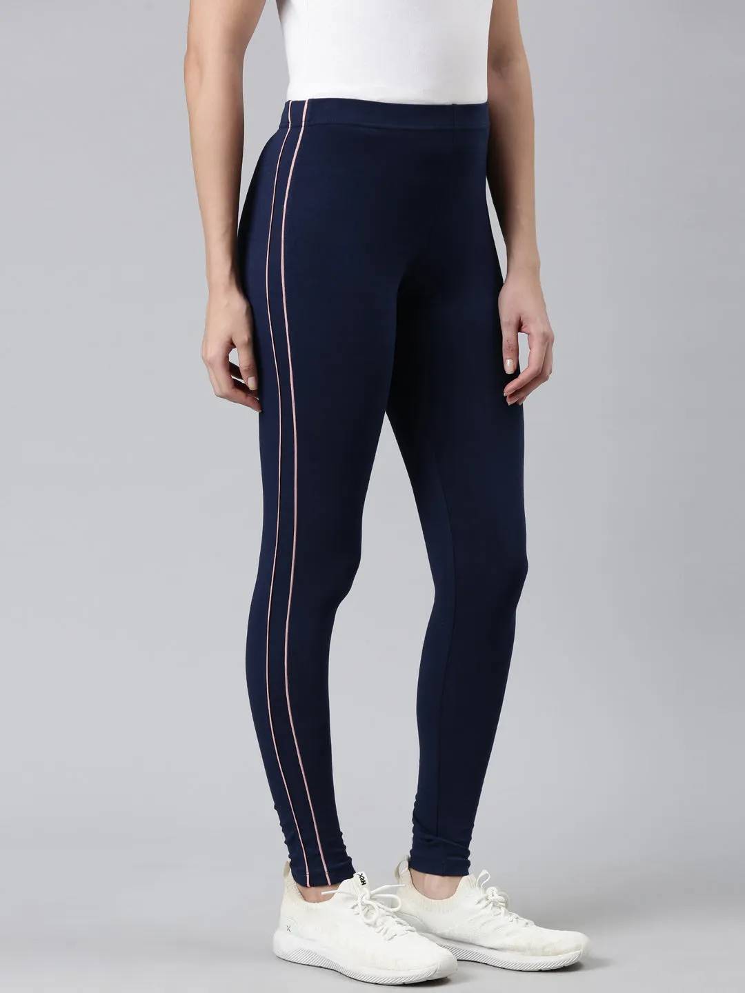 Navy Cotton Stretch Side Stripes Active Leggings