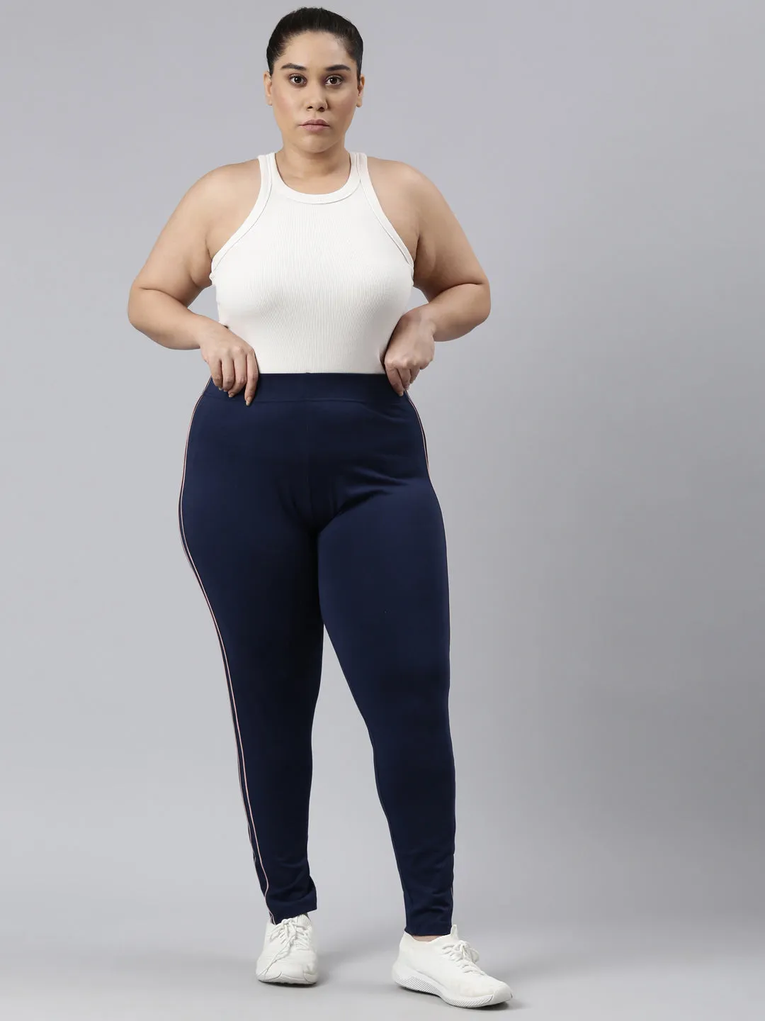 Navy Cotton Stretch Side Stripes Active Leggings