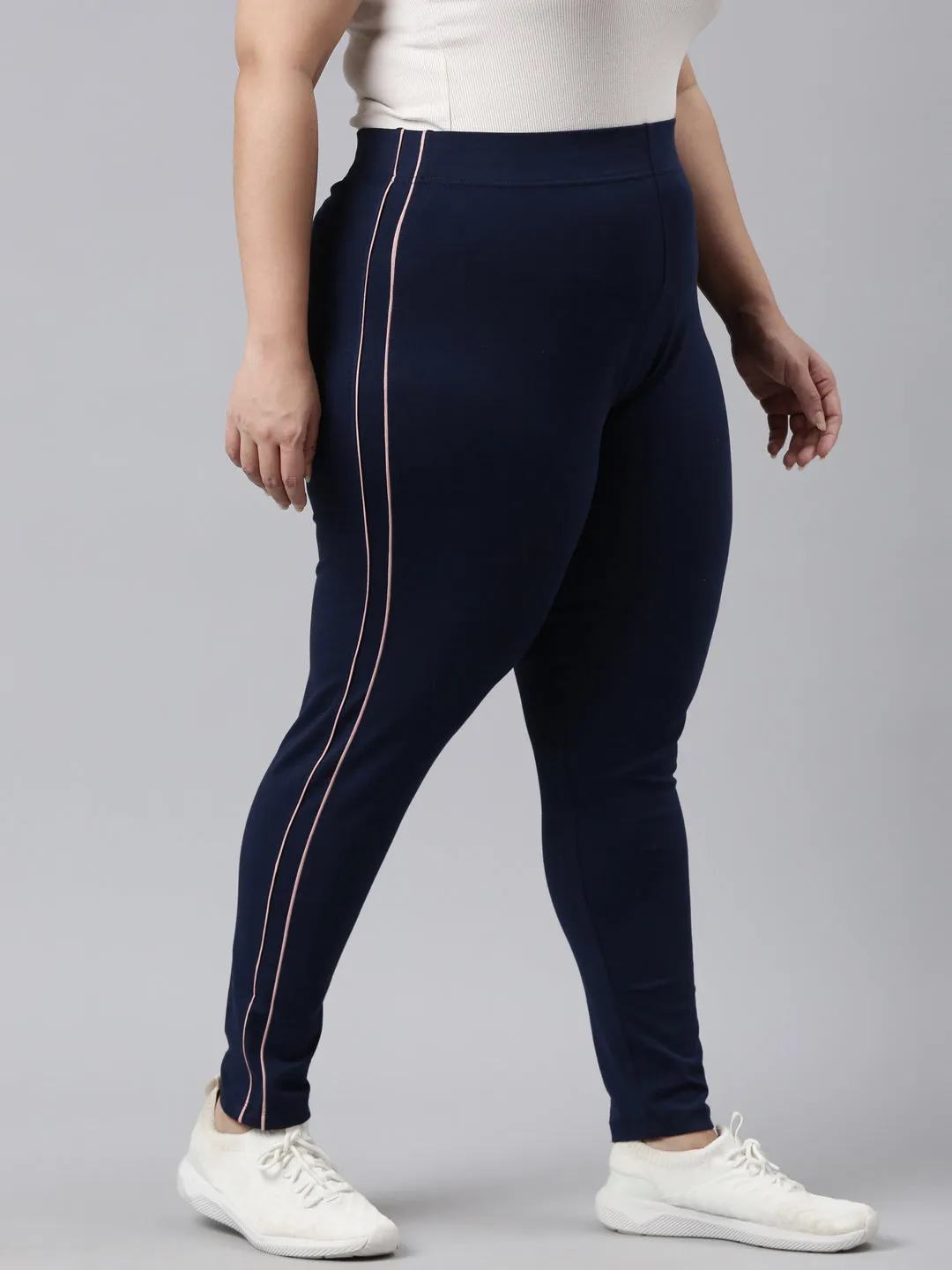 Navy Cotton Stretch Side Stripes Active Leggings