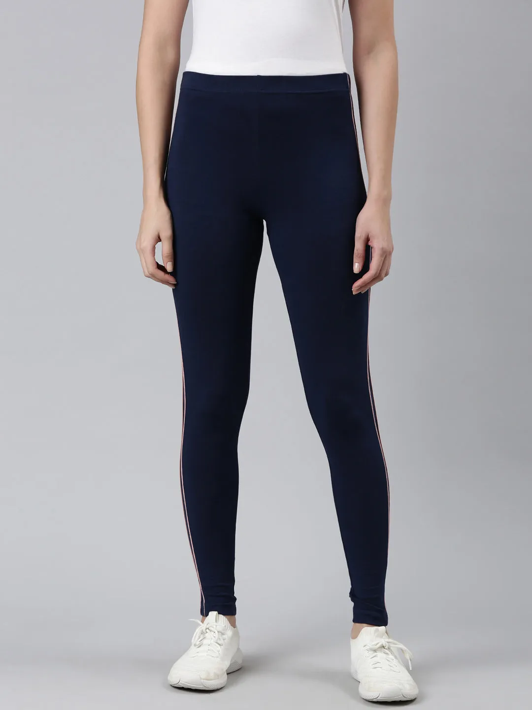Navy Cotton Stretch Side Stripes Active Leggings
