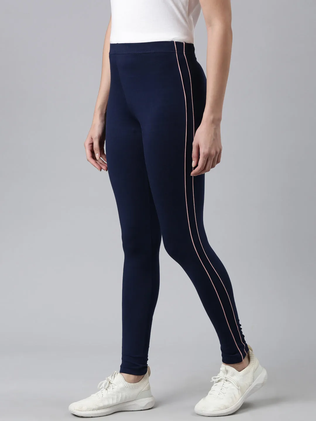 Navy Cotton Stretch Side Stripes Active Leggings