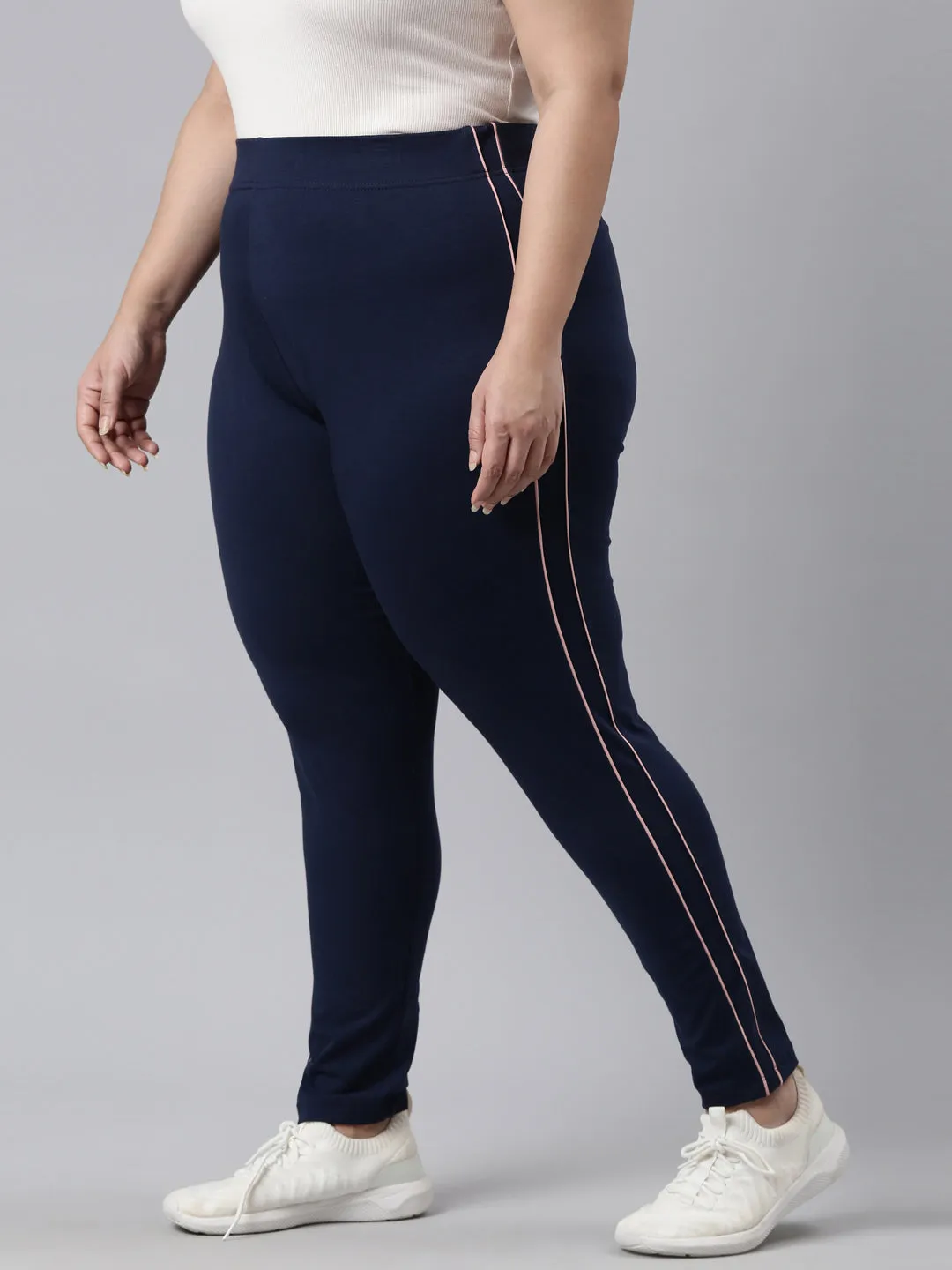 Navy Cotton Stretch Side Stripes Active Leggings