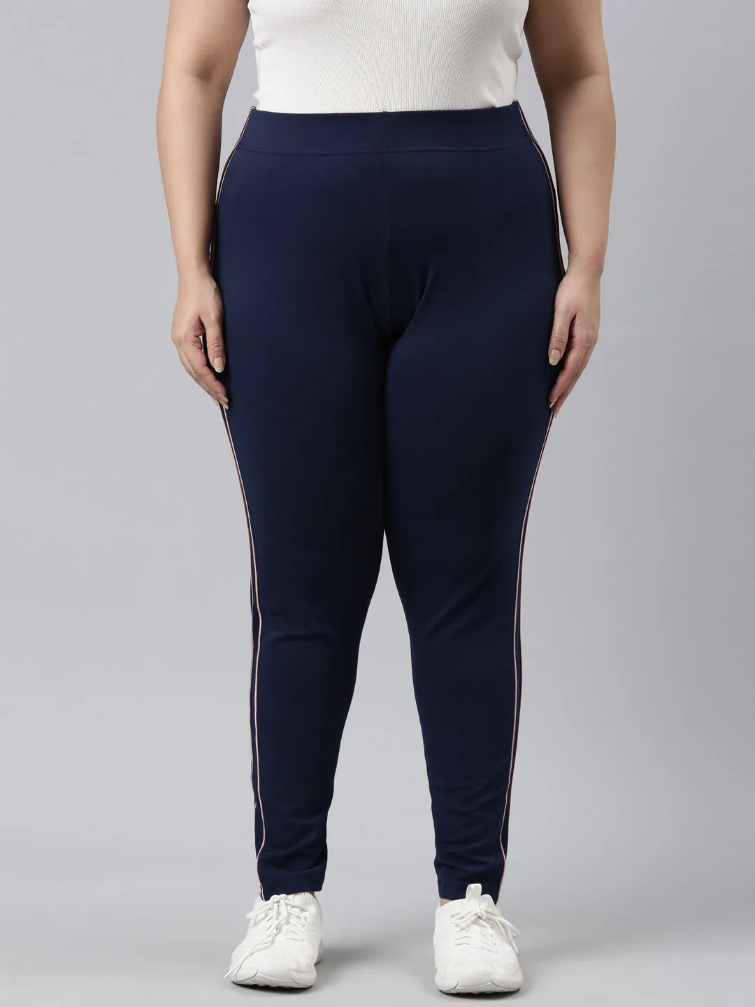 Navy Cotton Stretch Side Stripes Active Leggings
