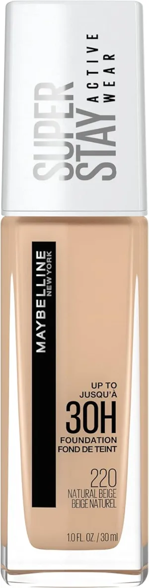 New Maybelline Liquid Foundation, Full Coverage, Lightweight Feel, Waterproof, Sweatproof, Transfer-Resistant, Natural Matte Finish, Super Stay Active Wear, 30 ml, Shade: 220 Natural Beige