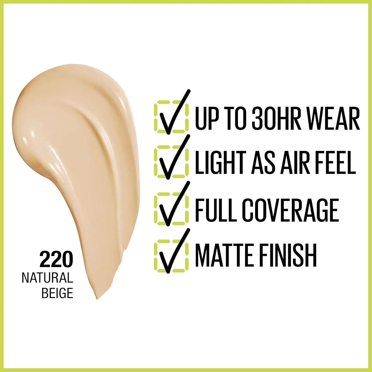 New Maybelline Liquid Foundation, Full Coverage, Lightweight Feel, Waterproof, Sweatproof, Transfer-Resistant, Natural Matte Finish, Super Stay Active Wear, 30 ml, Shade: 220 Natural Beige