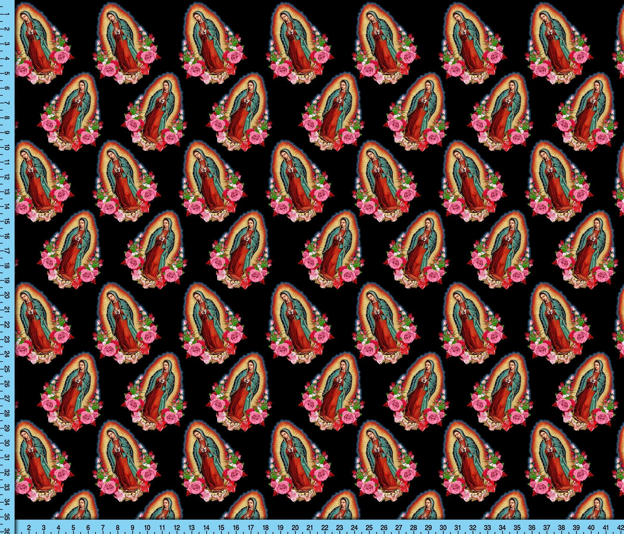 Our Lady of Guadalupe Print Fabric Pattern By the Yard, Saint Virgin Mary on Black Background