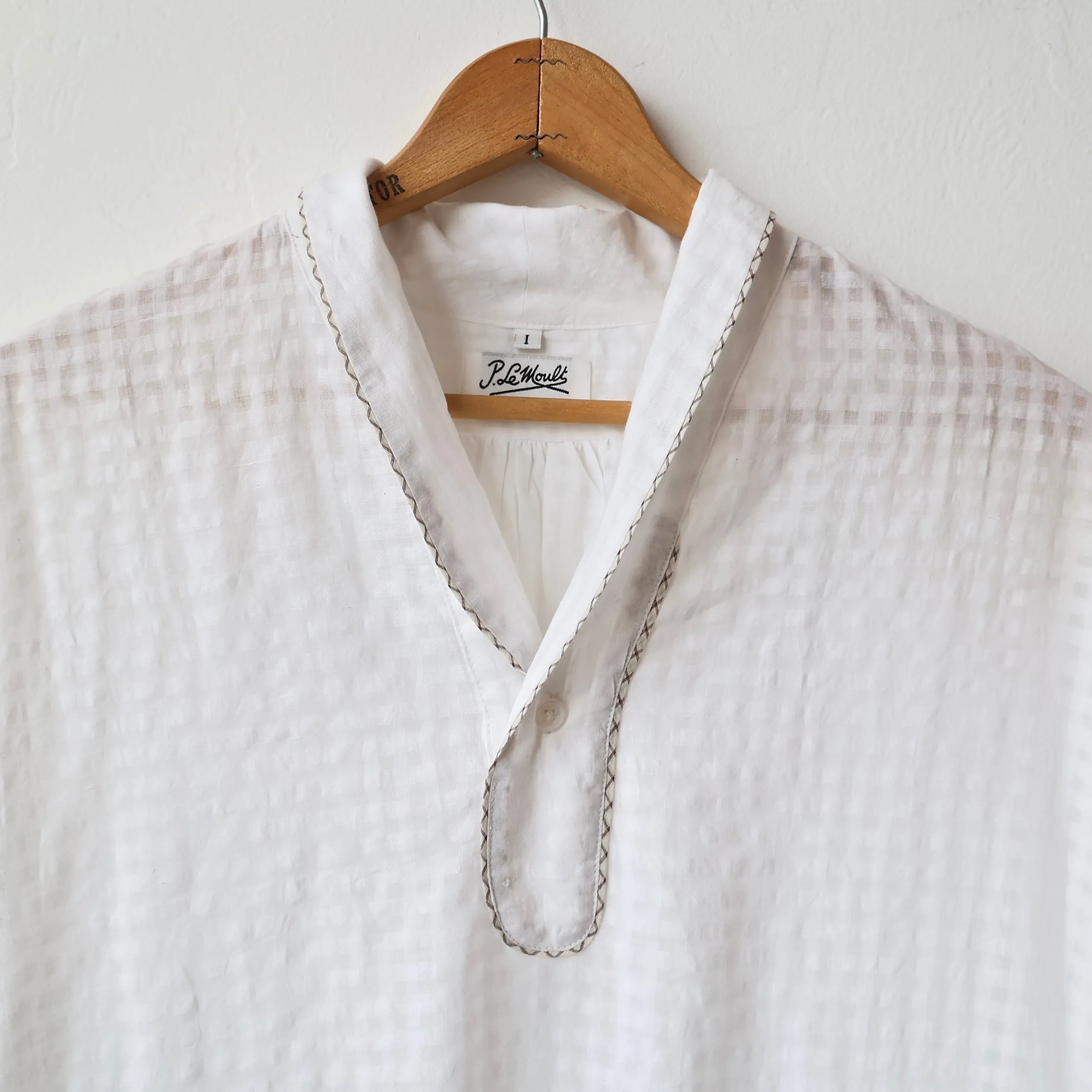 P. Le Moult Lightweight Night Shirt - White on White Gingham