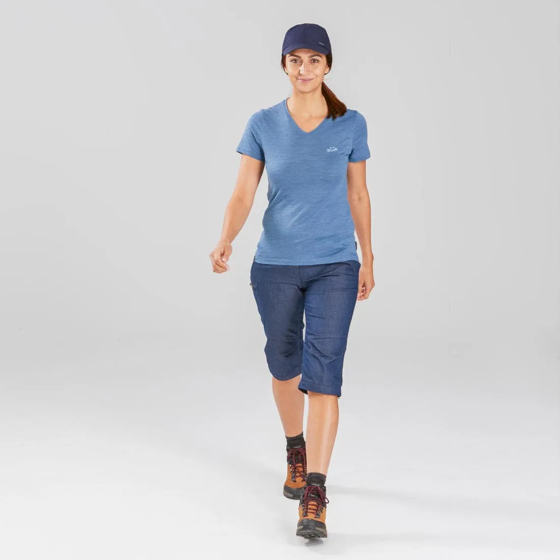 Pantalon modulable de trek voyage - TRAVEL 100 denim bleu femme