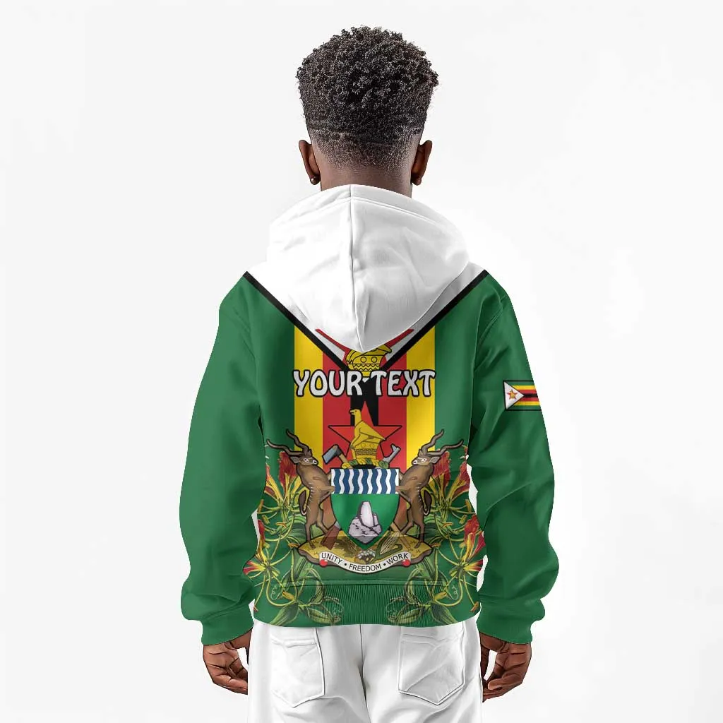 Personalised Zimbabwe Independence Day Kid Hoodie Coat Of Arms Fire Lilies LT15