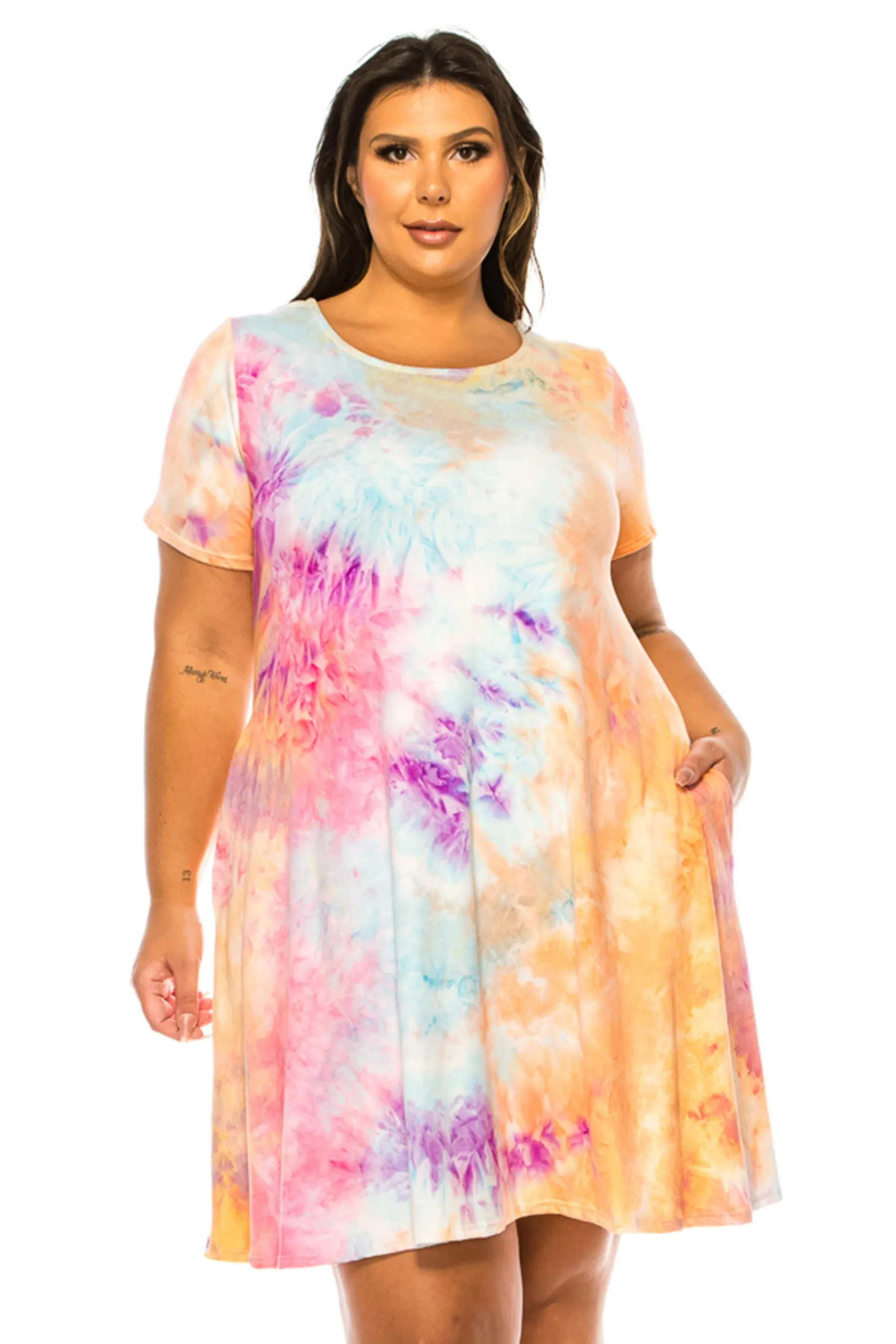 PLUS SIZE Printed Short Sleeve Dress with Round Neckline D765-X $10Each