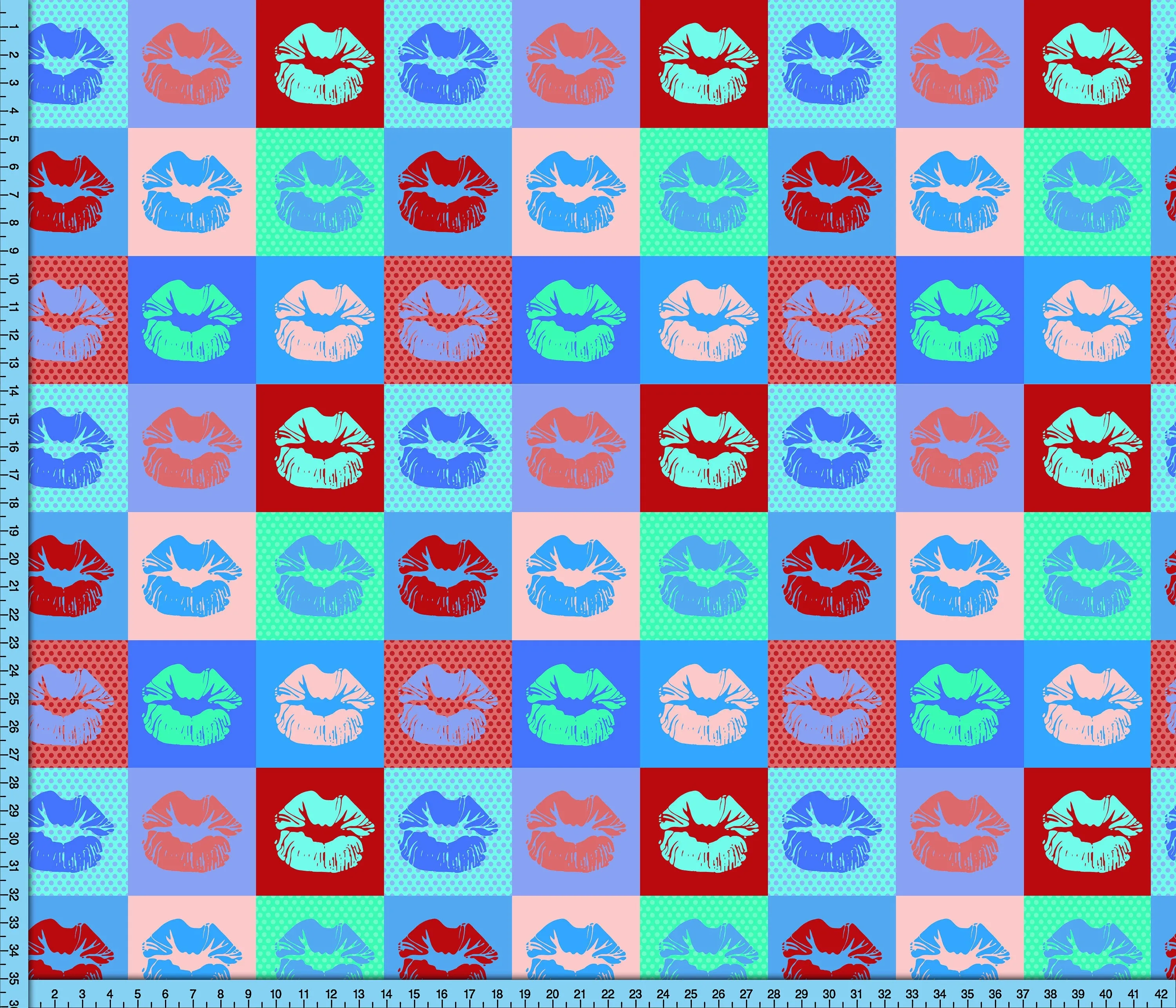 Pop Art Lips Fabric By The Yard, Blue Red Green Fashion Colors Mouth Design Custom Printed on the fabric of your choice