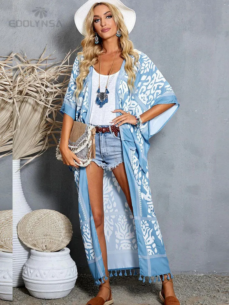 Printed Fringed Long Kimono Dress Bikini Wrap Cover-Ups Plus Size Women Summer Clothes Beach Wear Swim Suit Cover Up A1098
