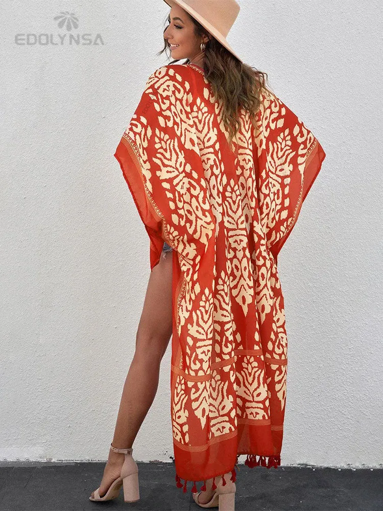 Printed Fringed Long Kimono Dress Bikini Wrap Cover-Ups Plus Size Women Summer Clothes Beach Wear Swim Suit Cover Up A1098