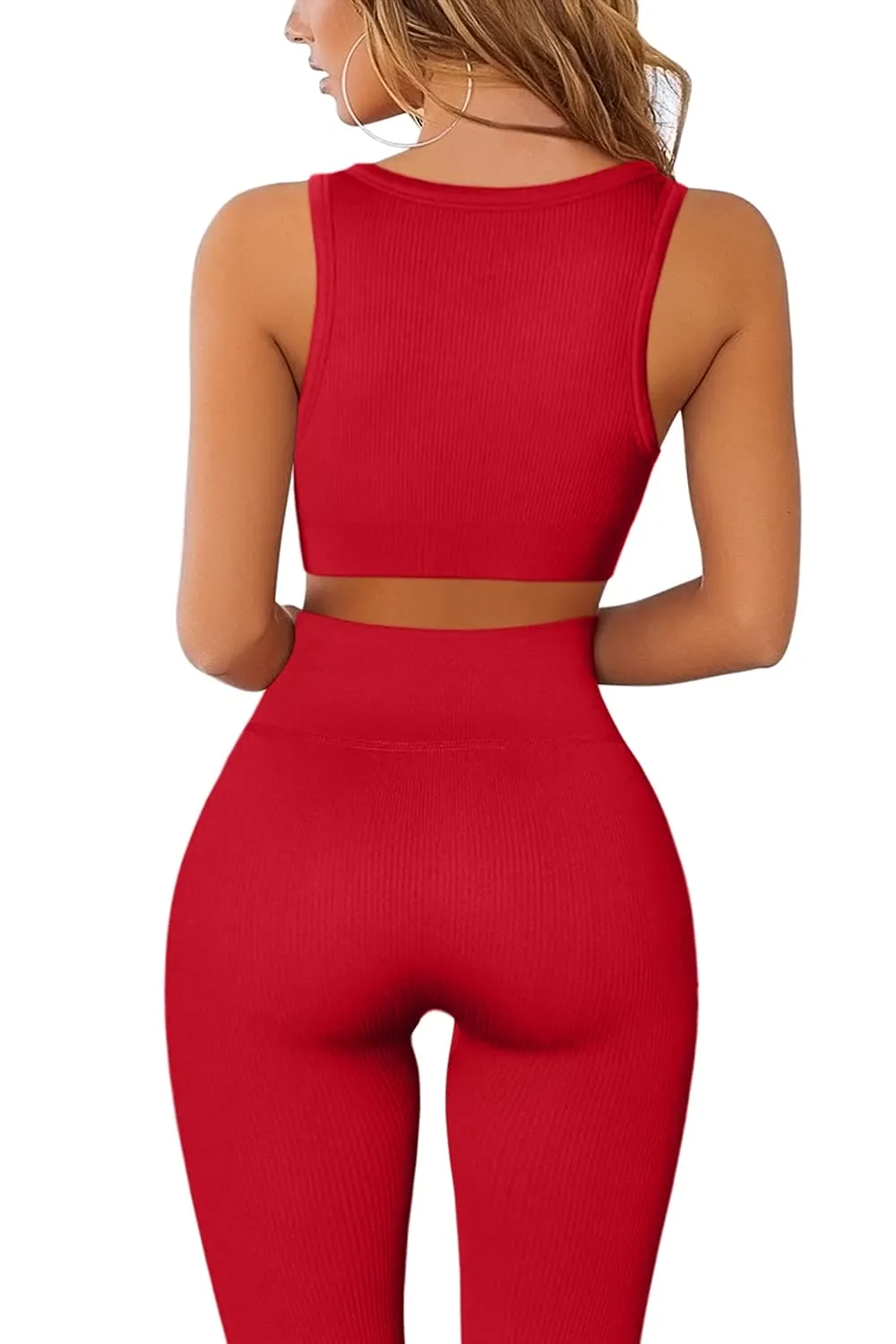 QINSEN Workout Outfits for Women 2 Piece Ribbed Seamless Crop Tank High Waist Yoga Leggings Sets Red