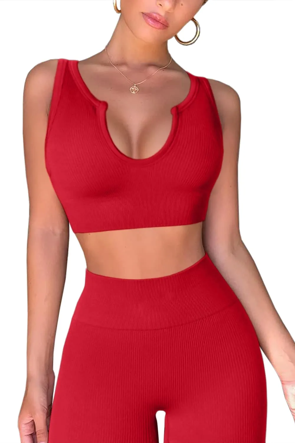 QINSEN Workout Outfits for Women 2 Piece Ribbed Seamless Crop Tank High Waist Yoga Leggings Sets Red