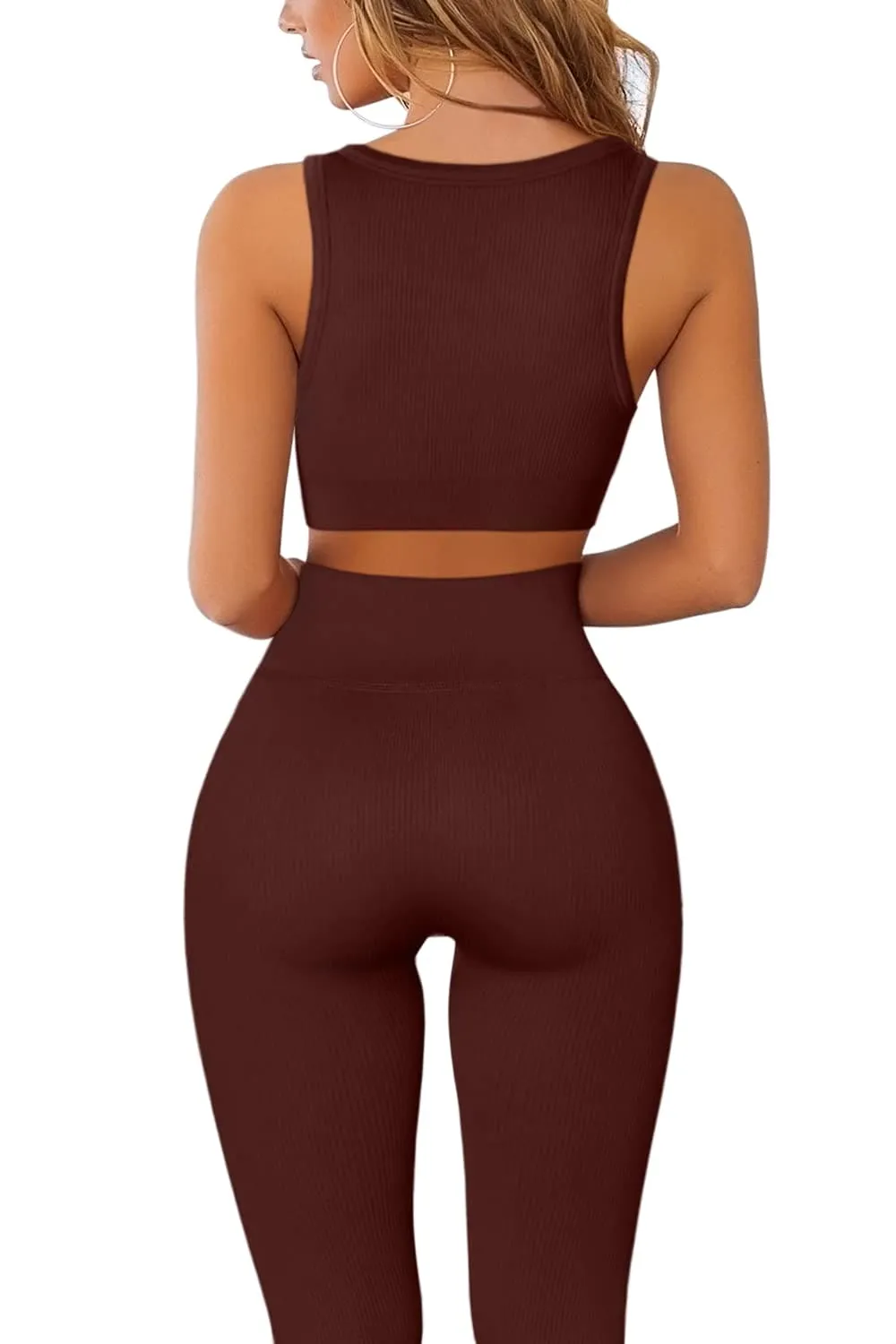 QINSEN Workout Outfits for Women 2 Piece Ribbed Seamless Crop Tank High Waist Yoga Leggings Sets,04 Coffee